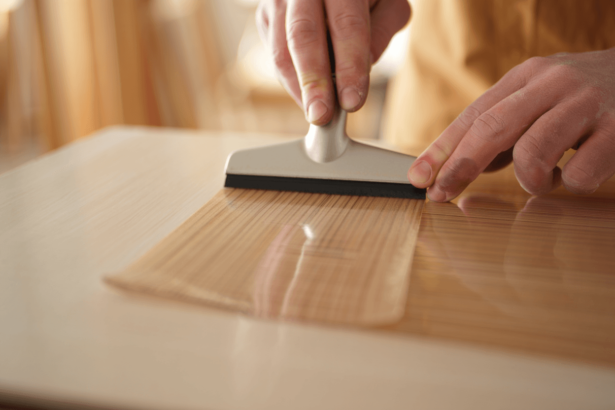 Maroufflage d'un film architectural à la raclette dans l'atelier Koverstar