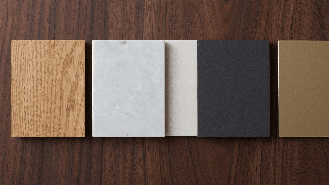 Échantillons de films architecturaux : bois, marbre, anthracite mat, métal brossé