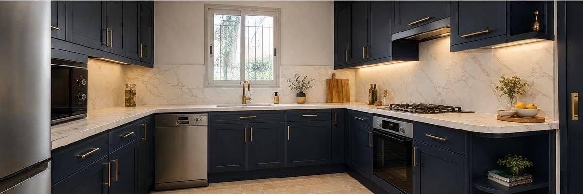 Cuisine bleu nuit, marbre & laiton — covering Koverstar